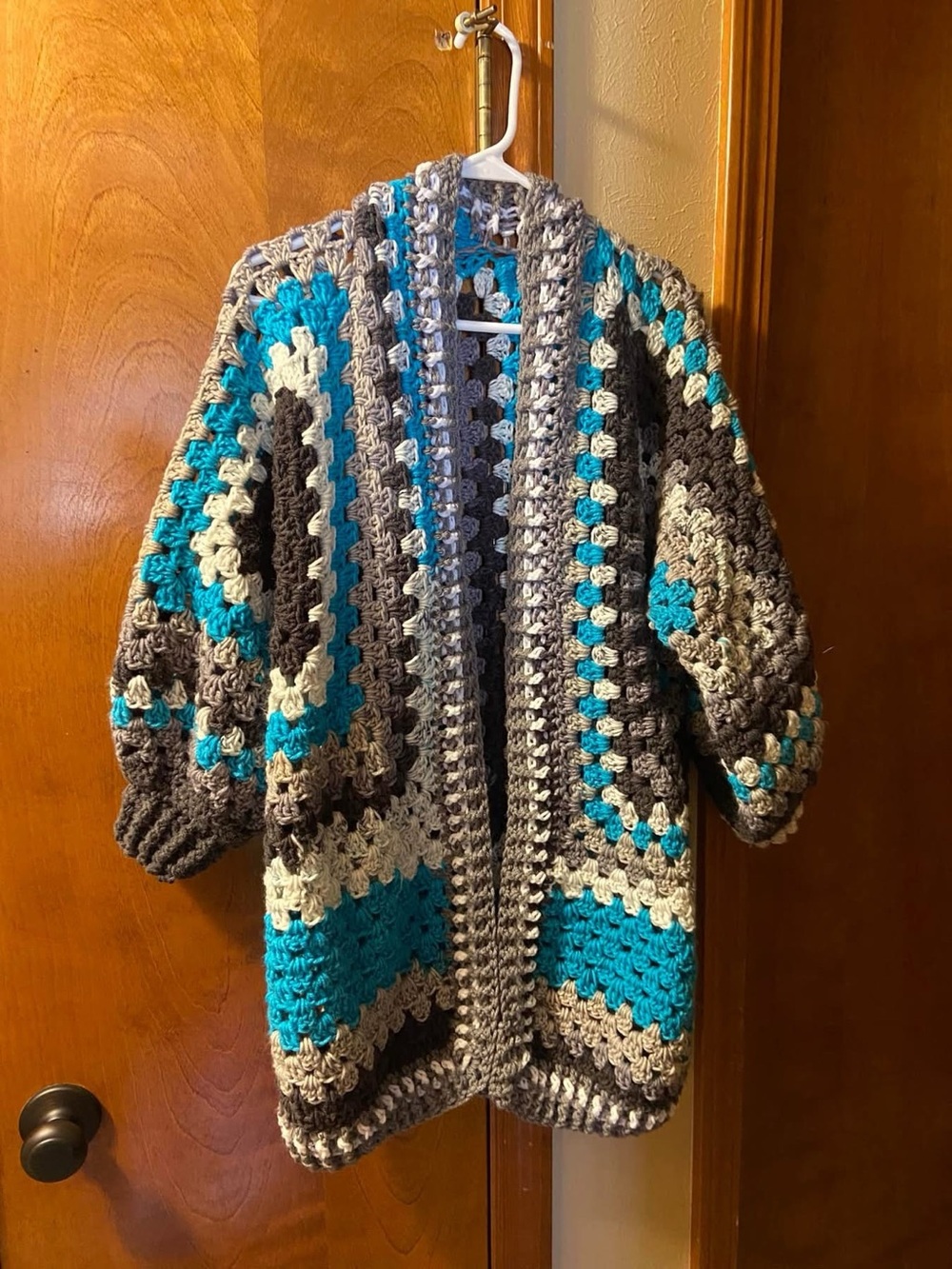 Chunky Crochet Open-Front Cardigan Sweater - Teal, Gray & Cream